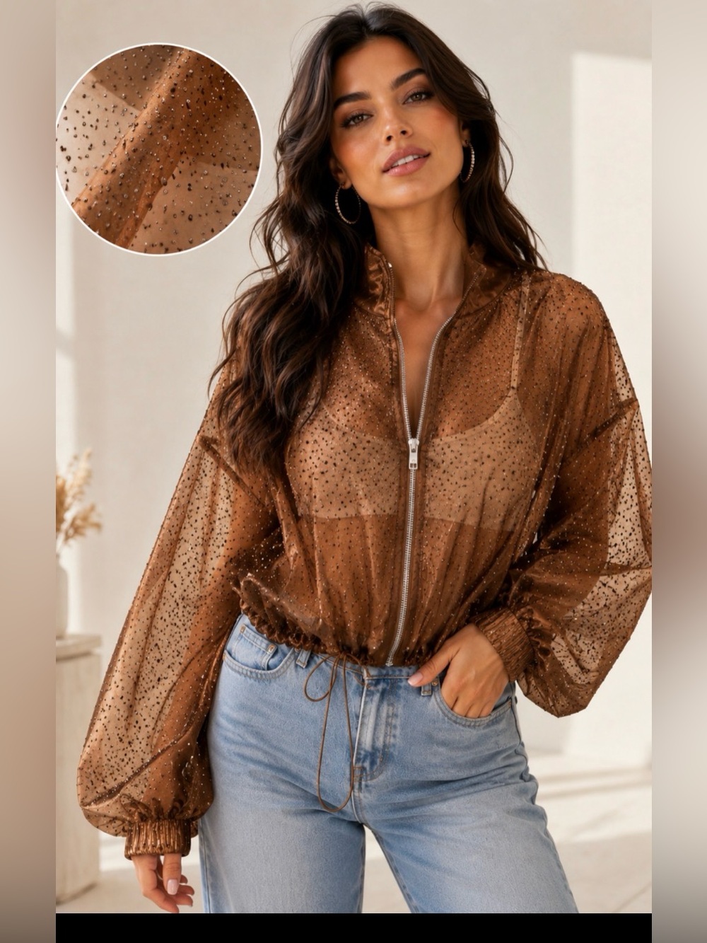Sheer Brown Glitter Zip-Front Bomber Top